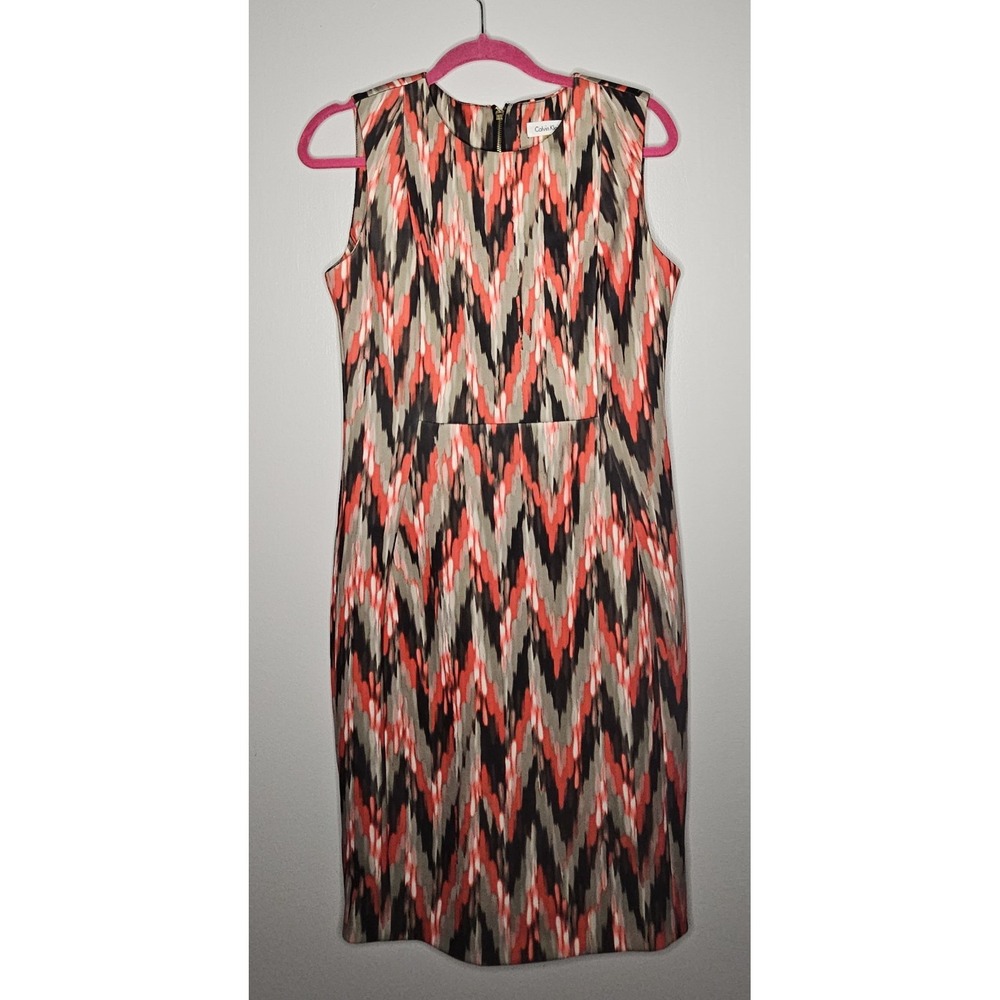 Calvin Klein Red/Black/Beige Scuba Knit Sleeveless Sheath Dress Size 8